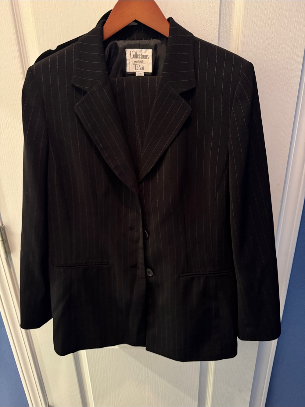 Le Suit Black Pinstripe Two-Button Blazer